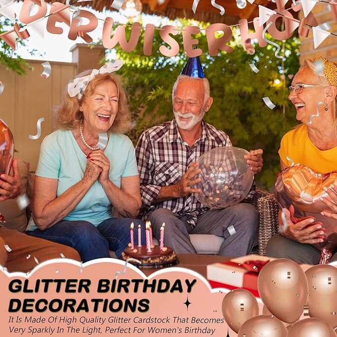 Fulmoon Set of 3 Pre Strung Older Wiser Hotter Glitter Banner Funny Birthday Banner for Women 30th 40th 50th 60th 70th 80th Birthday Party Decorations Sign Gift(Bright Rose Gold)