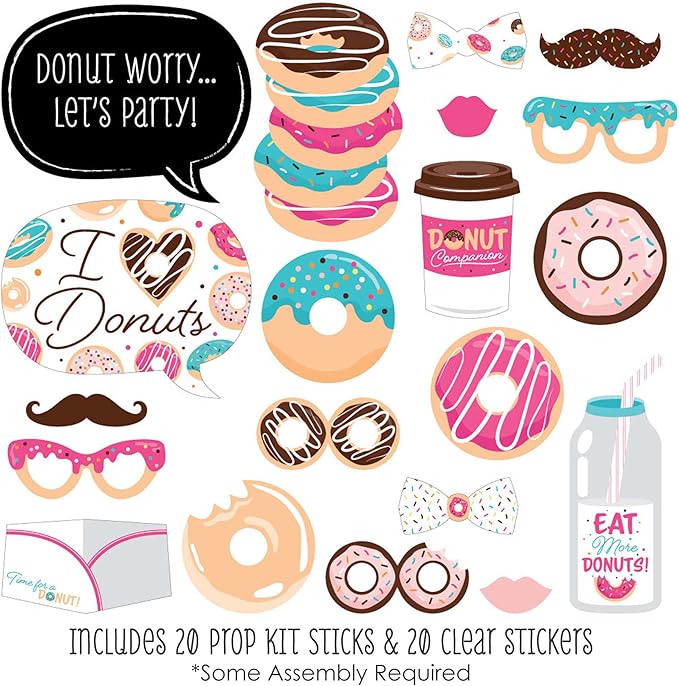 Big Dot of Happiness Donut Worry, Let's Party - Doughnut Party Photo Booth Props Kit - 20 Count