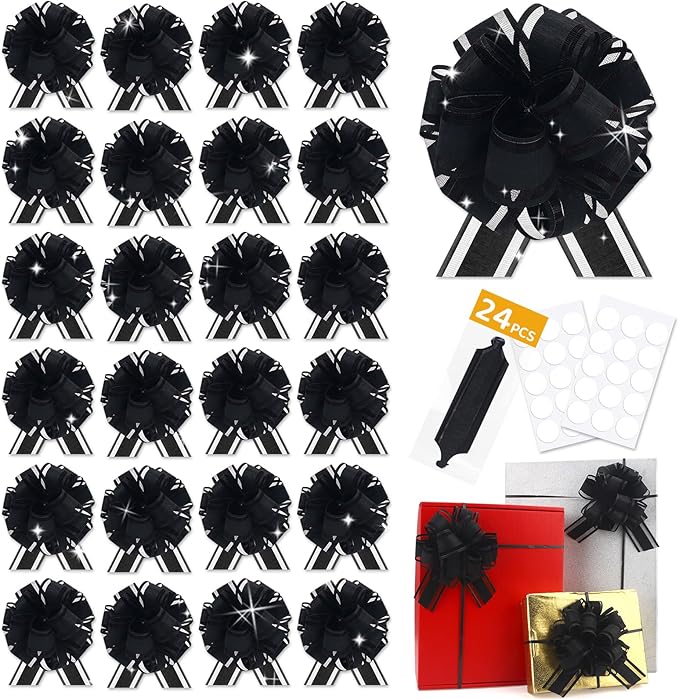 24pcs Black Pull Bow for Gift Basket Wrapping Xmas Gift Bows Presents Adhesive Wrap Ribbon Bow for Christmas Tree Ornament Wine Bottles Bouquet Flower Valentine's Day Party Decor (Black-G)