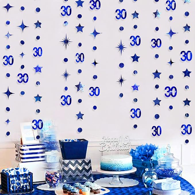 Navy Blue 30th Birthday Decorations Number 30 Circle Dot Twinkle Star Garland Metallic Streamer Bunting Banner Backdrop for Her Happy Dirty 30 Year Old Birthday Thirty Anniversary Party Supplies