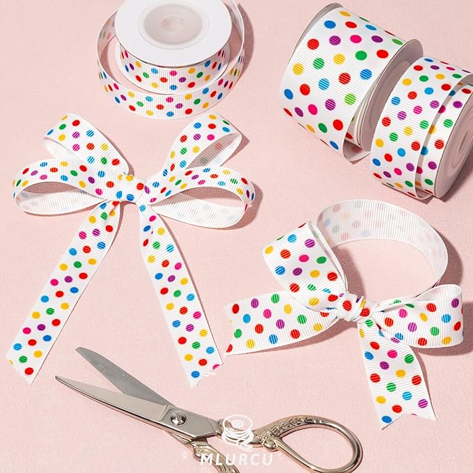 Polka Dot Ribbon Set 3 Rolls 5/8", 7/8", 1.5" Rainbow Colored Dot Grosgrain Ribbons for Gift Wrapping, Birthday Party, Baby Shower, Wreaths, Hair Bows, Banners, Candy Bags, DIY Crafts