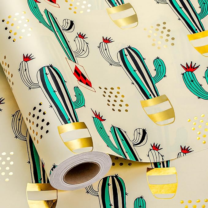 MAYPLUSS Cactus Wrapping Paper Roll - 17Inch X 33Feet - Western Green Cactus Potted Plants Gold foil Design Gift Wrap Thick Paper for Baby Shower, Christmas, Holiday, Birthday, Wedding, Cactus Lover