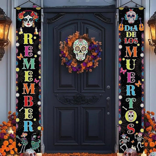 KatchOn, Dia De Los Muertos Porch Sign Banners - Large, 72x44 Inch | Dia De Los Muertos Door Covers, Dia De Los Muertos Decorations | Day of the Dead Door Banner, Day of the Dead Halloween Decorations