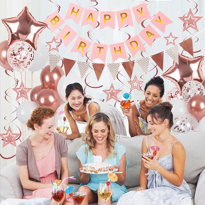 Rose Gold Birthday Decorations, Happy Birthday Banner and Rose Gold Star Balloons, Glitter Hanging Stars with Hanging Swirls, Bunting Banner, for Women Girls Party Decoration