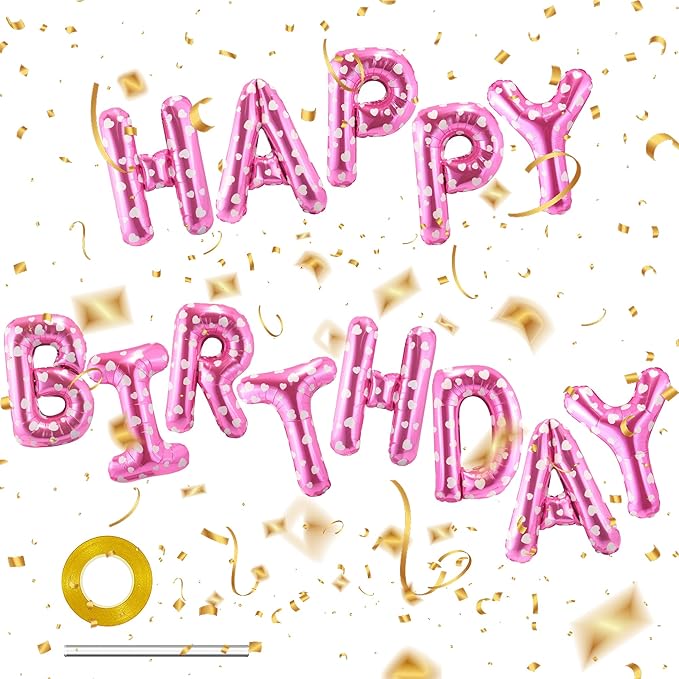 CANREVEL Happy Birthday Banner 13pcs 16 Inch Mylar Foil Letters Balloons Birthday Party Decorations for Kids and Adults - 3D Pink Heart