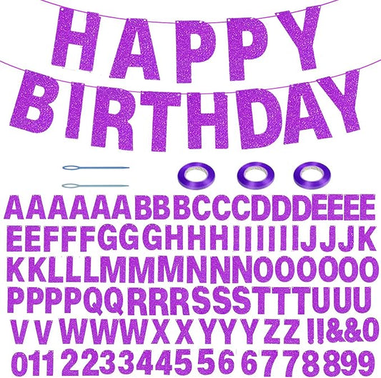 116 Pcs DIY Glitter Custom Banner Kit - Customize with 111 Letters and Numbers, 3 Rope and 2 Threading Devices for Personalized Decor for Women's Day, Birthday Banners (Purple)