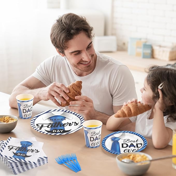Kochorie 144 Pieces Father's Day Party Tableware Sets Including Disposable Plates Napkins Cups Forks Serves 24 for Father's Day Decorations Dad Grandpa Celebration Happy Father's Day Party Supplies