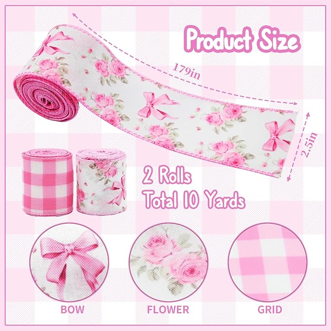Pink Rose Wired Ribbon Set, 2 Rolls 2.5 Inch x 10 Yards Total, Floral Buffalo Plaid Wired Edge Ribbon for Wreaths, Bows, Gift Wrapping, Wedding Decor, Spring Summer Crafts, Mother's Day Decor