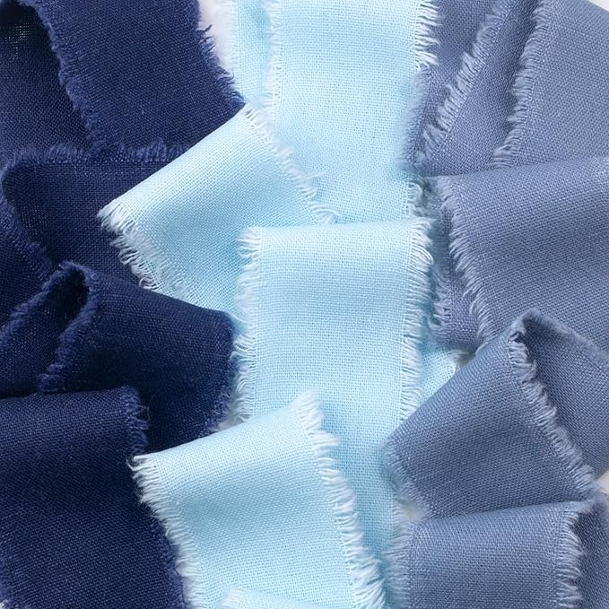 Blue Cotton Linen Ribbon 1.5" x 21Yds Boho Vintage Rustic Ribbon Handmade Fringe Frayed Cloth Fabric Ribbon for Gift Wrapping Wedding Invitations Bridal Bouquets DIY Crafts