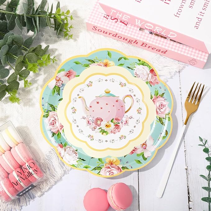 Whaline Spring Vintage Floral Paper Plates 9 Inch Tea Party Teapot Flower Disposable Salad Dessert Plates for Summer Birthday Wedding Baby Bride Shower Tableware Supplies 40Pcs