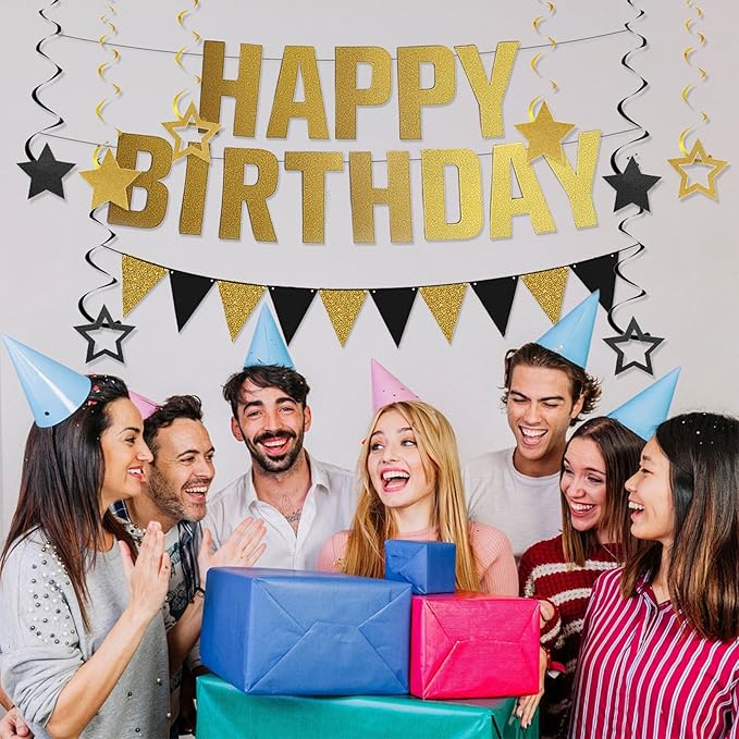 Happy Birthday Banner Black and Gold Birthday Decorations, Glitter Gold Bday Banner Sign Black Golden Pennant Flag Banner Garland and Star Hanging Swirls Men Women Birthdays Party Supplies for All Age