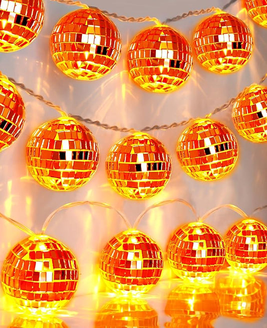 AceList Orange Disco Ball Decor 20 LED 9.8Ft String Light - Battery Powered and USB Plug, Fall Decor for 70's Party Decorations and Bachelor Birthday Parties, Mamma Mia