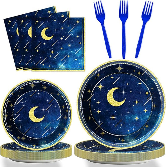 chiazllta 96 Pcs Starry Night Plates and Napkins Party Supplies Sweet theme Tableware Set Galaxy Party Decorations Favors for Outer Space Birthday Baby Shower Serves 24 Guests