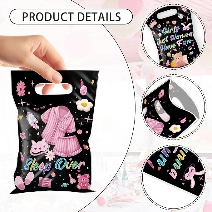 MOIZYNG 50Pcs Sleepover Party Favor Bags with Handles, Cute Pajama Sleep Over Plastic Candy Treat Goodie Gift Bags for Girls Just Wanna Have Fun Slumber Party Supplies