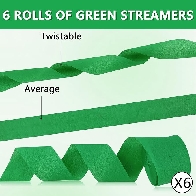 Crepe Paper Streamers 6 Rolls Green 2.2 Inches 738 Feet, Party Supplies DIY Crafts for Birthday, Wedding, Baby Shower, Bachelorette, Graduations Decorations