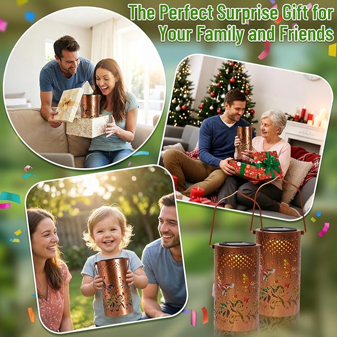 2 Pack - Colorful Butterfly Hanging Solar Lanterns Outdoor Waterproof, Decorative Metal Solar Hanging Lanterns for Porch Yard Tabletop Path Lawn and Garden Decor, Ideal Gifts for Mom Grandma Women