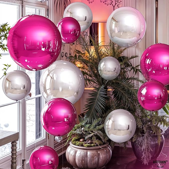 KatchOn, Hot Pink and Silver Balloons - 22 Inch Pack of 14 | Silver and Hot Pink Foil Balloons for Valentines Decorations | Galentines Day Decorations | Bridal Shower and Birthday Decoration for Women