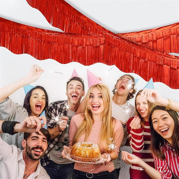 LOLStar 6 Pack Red Foil Fringe Garland Birthday Party Decorations, 59Ft Metallic Tinsel Streamers Banner, Glitter Photo Booth Prop Table Skirt for Valentines Day Parade Float Christmas Party Decor