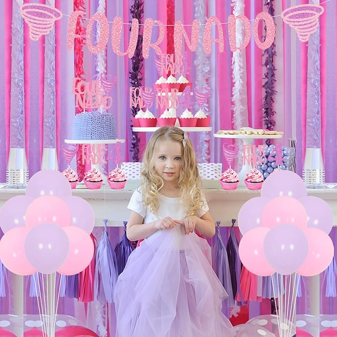 Fournado Birthday Party Decorations for Girls Tornado 4th Birthday Party Supplies with Four Nado Banner Cake Cupcake Toppers for Girls Tornado Bday Party Decors