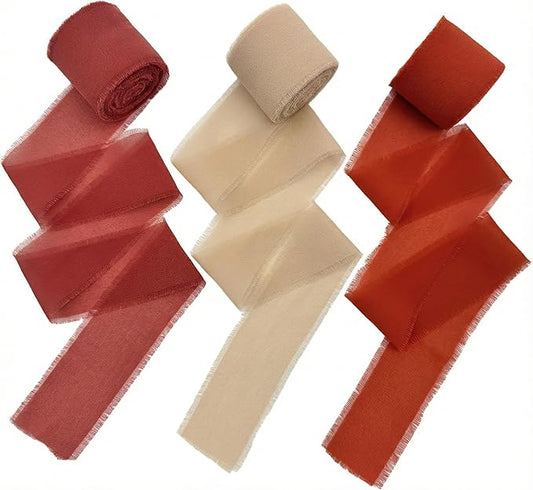 Frayed Edge Chiffon Ribbon 3 Pack, 1.5 Inch Wide Polyester Chiffon Ribbon, 21 Yards Total in Dried Plum, Khaki and Tangerine for Fall Wedding Decor, Bouquet Wrapping and Gift Presentation