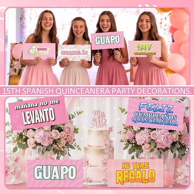 Beeveer 24 Designs Spanish Quinceanera Photo Booth Props Sweet 15th Birthday Parties Decorations Double Sided 11.02 x 5.51'' DIY Waterproof Selfie Signs PVC Printing Photo Props