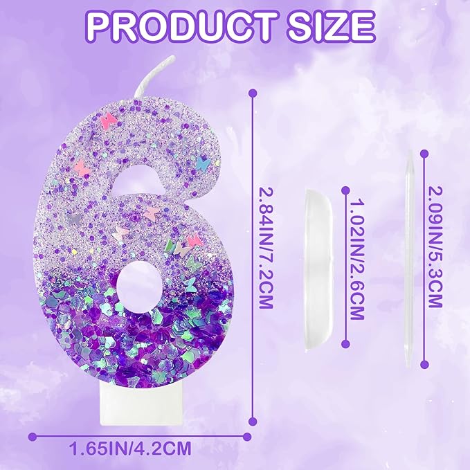 Purple Sequin Birthday Candles, Cake Number Candles, Girls 0th Birthday Decorations, Suitable for Birthday Parties, Anniversary Party Decorations(6)