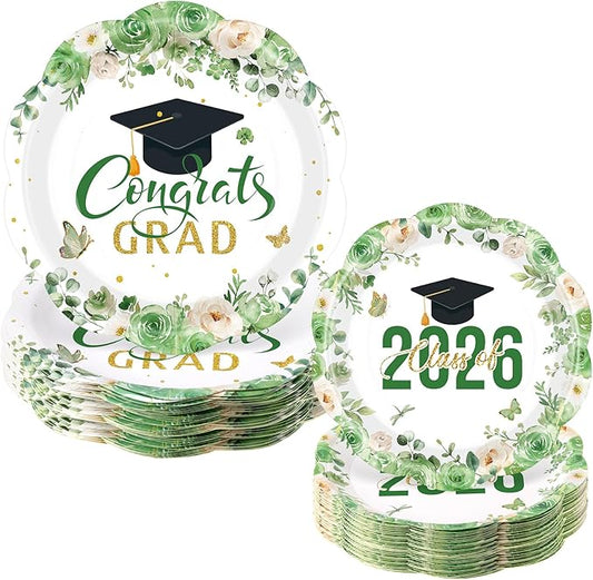 Funnymoom 60 Pcs Green Graduation Floral Paper Plates 9" and 7" Class of 2026 and Congrats Grad Cap Disposable Party Dessert Plates for College High School Grad Party Decorations