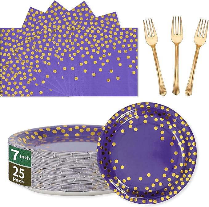 Purple and Gold Paper Plates and Napkins Party Supplies,25 x 7'' Dessert Plates & 25 x 6.5'' Napkins & 25 x 7.3'' Forks,Disposable Paper Tableware Set for Birthdays,Graduation,Carnival(Serve 25)