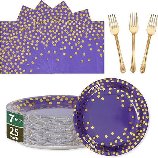 Purple and Gold Paper Plates and Napkins Party Supplies,25 x 7'' Dessert Plates & 25 x 6.5'' Napkins & 25 x 7.3'' Forks,Disposable Paper Tableware Set for Birthdays,Graduation,Carnival(Serve 25)