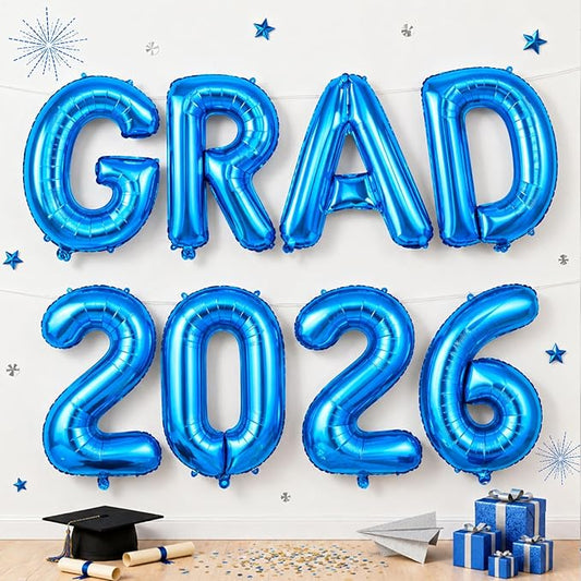 Grad 2026 Balloons Blue, 2026 Graduation Decorations Set Congrats Grad Foil Balloons Banner Sign for Class of 2026 Graduation Decorations College High School Prom Party Backdrop Supplies