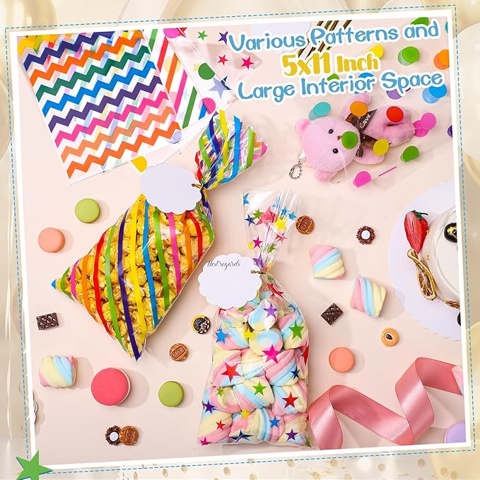 woric 100 Set Rainbow Cellophane Treat Bags 5 x 10.6 Inch Clear Candy Party Favor Bags with 100 Gift Tags and Twist Ties for Mother's Day Rainbow Colorful Party Baby Shower Decorations