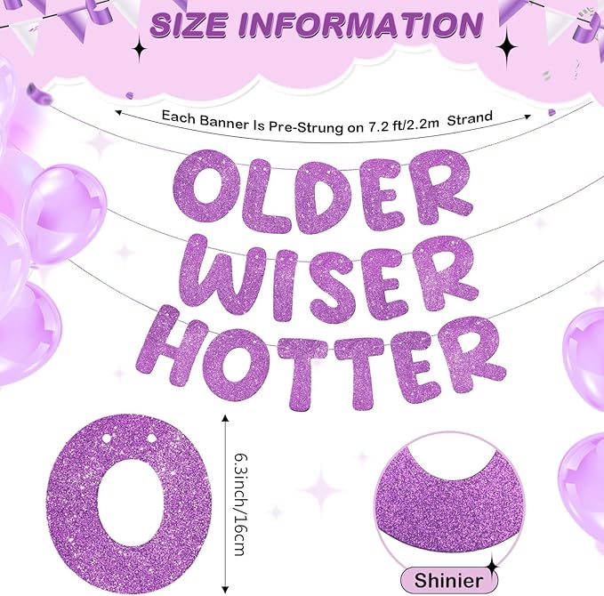 Fulmoon Set of 3 Pre Strung Older Wiser Hotter Glitter Banner Funny Birthday Banner for Women 30th 40th 50th 60th 70th 80th Birthday Party Decorations Sign Gift(Light Purple)