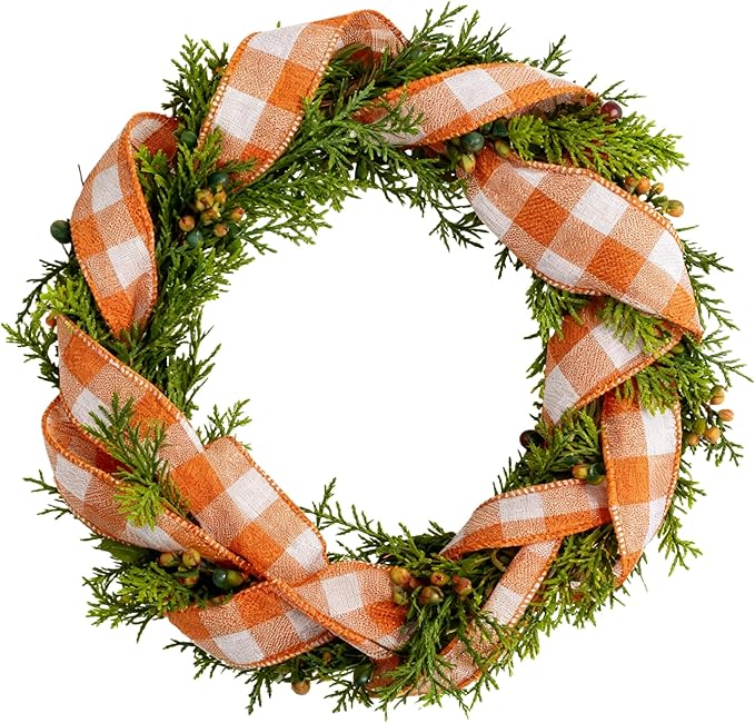 Meseey 4 Inch Fall Burlap Wired Ribbon Set, 4 Rolls Total 20 Yards Natural Burlap & Orange/Green/Red White Buffalo Plaid Ribbons for Large Wreaths, Big Bows, Gift Wrapping