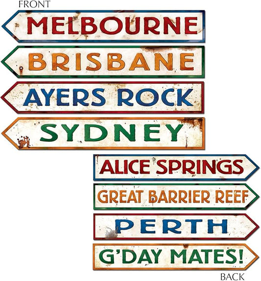 Beistle Australian Street Sign Cutouts, 4-Count Double-Sided Aussie Themed Decorations, Rustic Arrow Signs Featuring Famous Cities and Down Under Phrases, 3.75" x 23.75"
