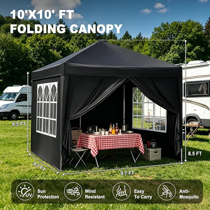 10x10 Pop Up Canopy Tents for Parties, Portable Outdoor Tent with Carry Bag & 4 Sandbags, for Wedding, Patio Events, Commercial, Birthday, Graduation (Black, 10x10)