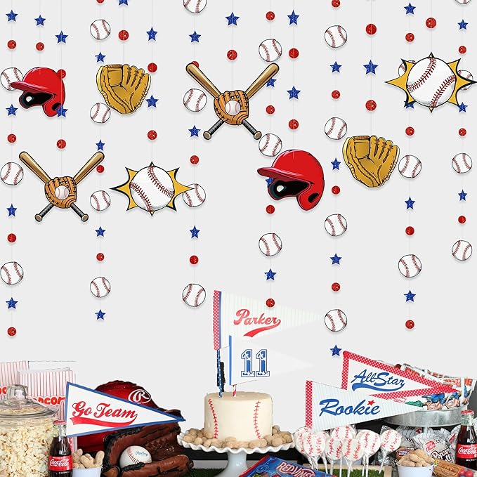 pinkblume Baseball Party Decorations Red Circle Dot Blue Star Baseball Sport Theme Hanging Cutout Garland Streamer for Birthday Baby Shower Wedding Party Supplies Classroom Nursery Wall Ceiling Decor