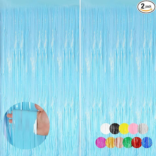 2PCS Macaron Light Blue Party Streamers 3.3x8.3Ft Foil Fringe Backdrop Curtains Tinsel Streamers Birthday Party Decors Fringe for Graduation Wedding, Baby Shower Disco Party Anniversary Streamers