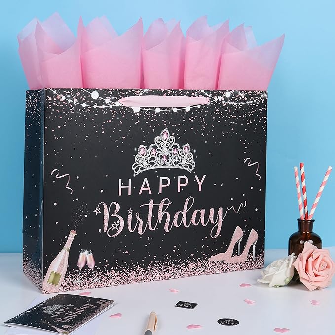 wishinside 16.5'' Extra Large Black Happy Birthday Gift Bag Set with Handles, Greeting Card, Tissue Papers and Stickers for Girls Women Kids Teens, Tiara Design, 1 Pcs