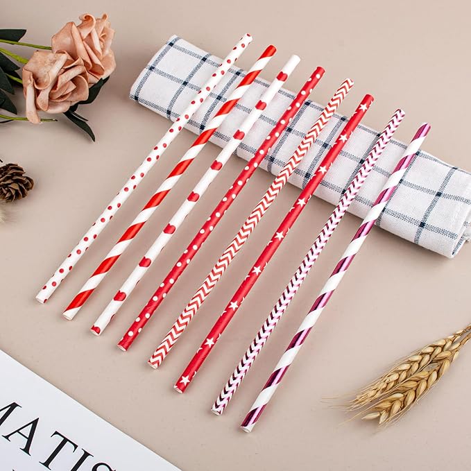 [140 Pack] PakTalk Valentine Straws, 7 Assorted Red and White Straws Red White Striped Dot Wave Star Paper Straws Disposable for Valentines, Wedding, New Year, Christmas, Party (0.24''*8.27'')