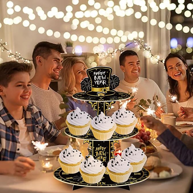 2025 Happy New Year Cupcake Stand 3-Tier Round Cupcake Stand New Years Eve Cake Stand Party Supplies New Year Table Decorations