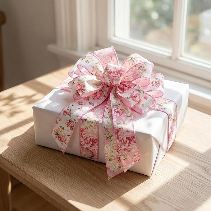 Pink Floral Ribbon with Wire, Vintage Rose Wired Ribbon for Bow Making, Wreath Craft, Gift Wrap, Spring Summer Holiday Wedding Birthday Baby Shower Party Home Decor,4 Rolls,2.5 Inch (Pink)