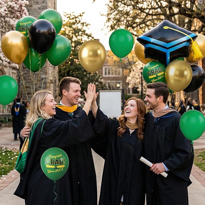 Green Black Graduation Balloons, Dark Green Gold Black Balloons with Cap Foil Grad Printed Balloon for Class of 2026 Graduation Decorations Celebration Party