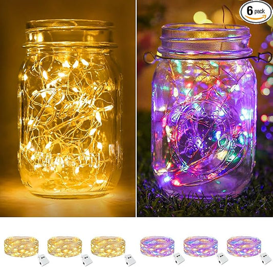 btfarm 6 Pack Fairy Lights Battery Operated [3 Modes], 7ft 20 Led Twinkle String Lights Waterproof Bulk Small Mini Sliver Wire for Christmas Mason Jars Wedding Table Centerpiece, Warm White/Colorful