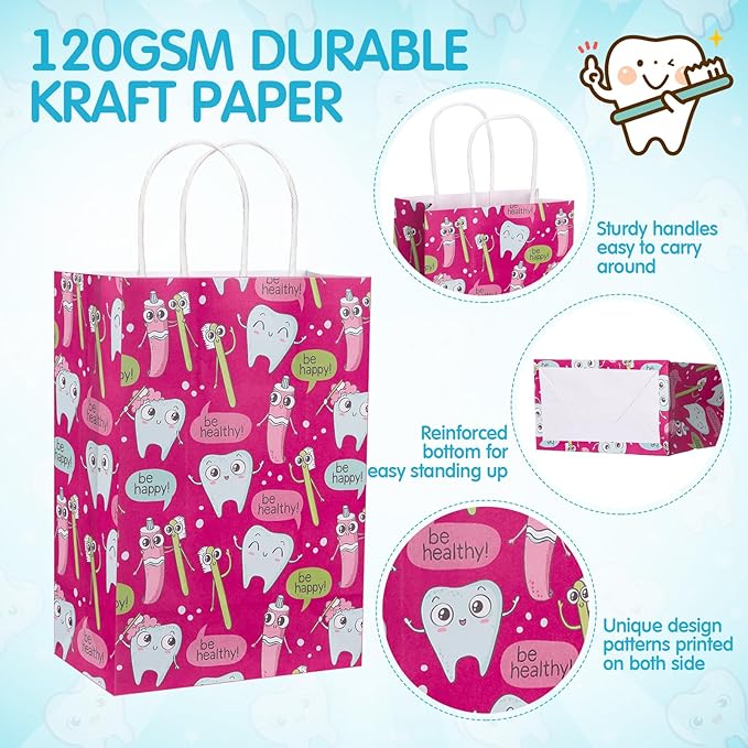 Gaillty 24 Pcs Dental Gift Bags Paper Tooth Merchandise Bags with Handles Teeth Goodie Treat Bag for Patient Dental Assistant Appreciation Week Gifts Dentist Clinics Office Hygiene Party Favors
