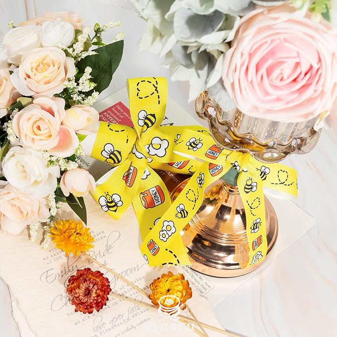 Bee Ribbon Set 3 Rolls Yellow Grosgrain Ribbon 5/8", 7/8", 1.5", Bumblebee, Honey Pot, Flower Print Ribbon for Crafts, Gift Wrapping, Hair Bows, Baby Shower, Party Decor