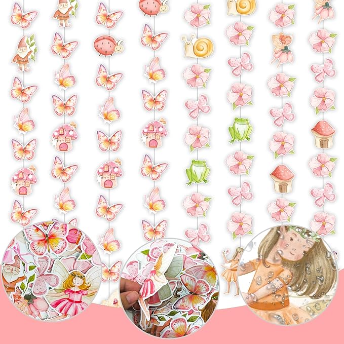 Fairy Birthday Party Decorations 8PCS Fairy Garlands Fairy Theme Party Supplies Butterfly Flower Mushroom Elf Hanging Cutout Garland Banner Streamer for Fairytale Garden Baby Shower Wall Ceiling Decor