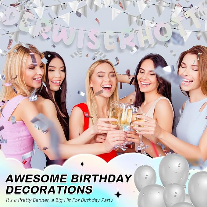 Fulmoon Set of 3 Pre Strung Older Wiser Hotter Glitter Banner Funny Birthday Banner for Women 30th 40th 50th 60th 70th 80th Birthday Party Decorations Sign Gift(Iridescent)
