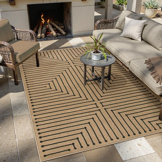 Lahome Neutral Geometric 5x7 Washable Rugs for Living Room Office, Black and Nature Outdoor Patio Rug Farmhouse Rhombus Non Slip Non Shedding Carpet for Classroom Balcony Dining Room