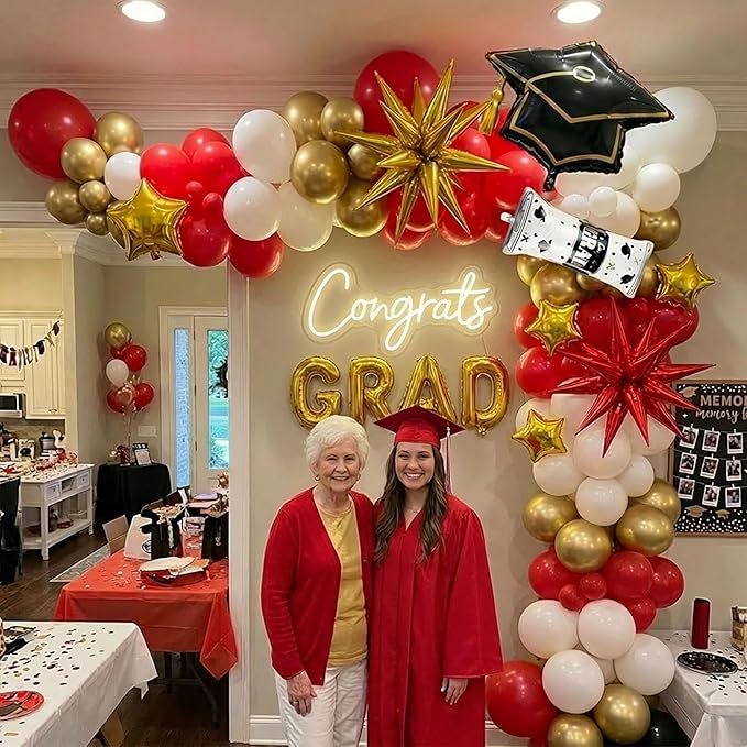 Red White Gold Graduation Balloon Garland Arch Kit with Graduation Star print Certificate Letter Foil Balloons for Graduate Class of 2026 Grad Prom party Decorations Supplies