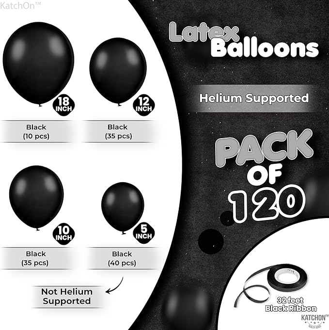 Katchon, Black Balloon Arch Kit - 120 Pcs, | Party Balloons Different Sizes 18, 12, 10, 5 Inches | Metallic Balloons for Black Party Decorations, Anniversary, Bachelorette, New Years Decorations 2026